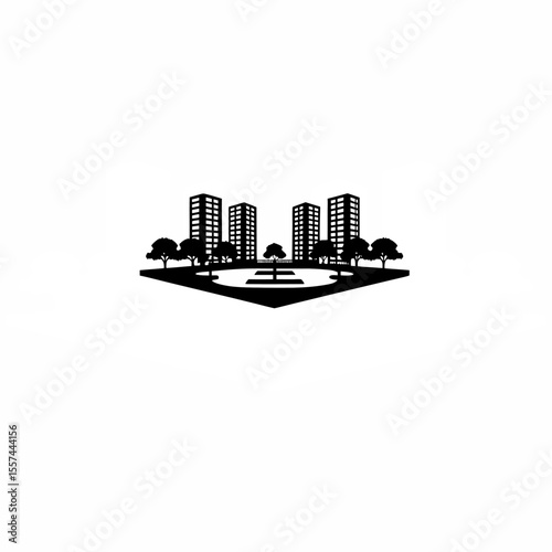 A green urban park surrounded by high-rise apartments on white background