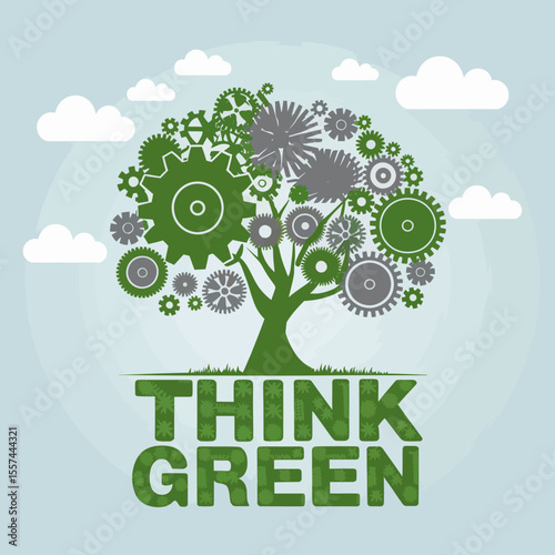 A stylized green tree with gears for leaves and branches stands on grass with the words think green below it against a light blue sky with clouds
