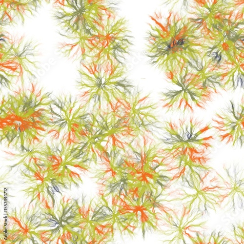 Dandelions. Hand drawn watercolor floral motive on white background. Bright orange, avocado green, camo green and davy grey colors. Seamless pattern