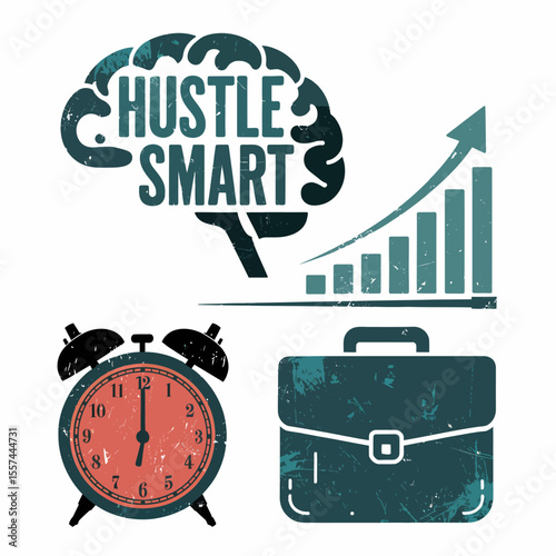 Hustle smart brain icon with business growth chart alarm clock and briefcase symbolizing success and productivity
