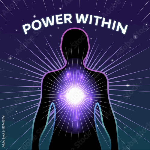 Inner radiance and cosmic energy emanating from a silhouetted human form against a starry night sky symbolizing personal power and spiritual awakening