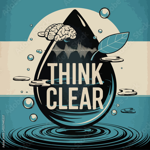Conceptual illustration of a human brain emerging from a water drop with the words think clear symbolizing clarity of thought and mental well being