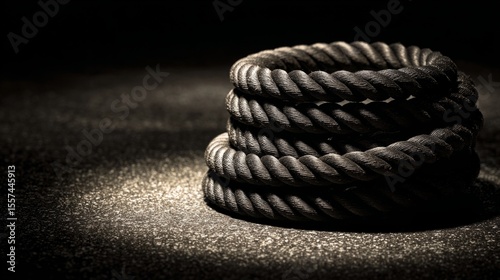 Coiled fitness rope on gym floor, textured rubber detail, dramatic lighting - Strength and movement in focus
