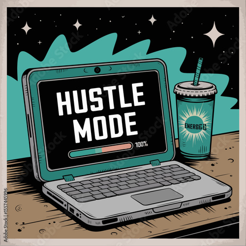 Laptop displaying hustle mode with a progress bar and an energy drink symbolizing productivity and late night work sessions