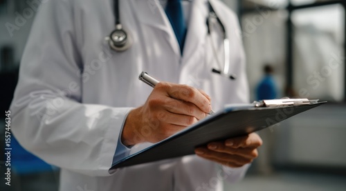Close up of doctor writing on medical clipboard, showcasing professionalism and attention to detail in clinical setting. image captures essence of healthcare and patient care