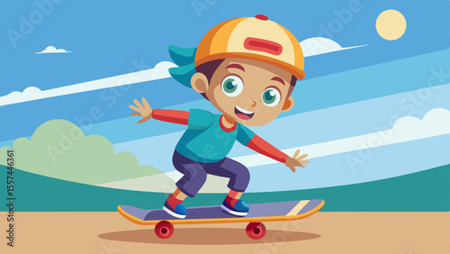 Cartoon boy riding a skateboard outdoors on a sunny day with blue sky and clouds in the background