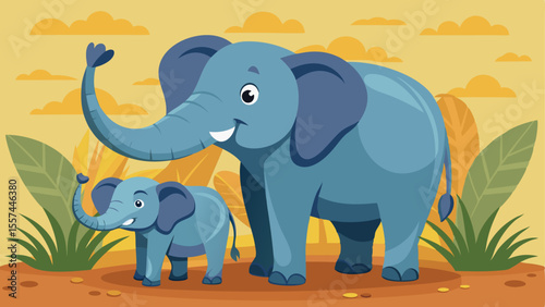 Cartoon elephants with baby standing on savanna background with plants and yellow cloudy sky