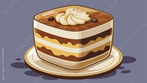Cartoon tiramisu dessert in a glass cup with creamy layers and whipped topping on a plate