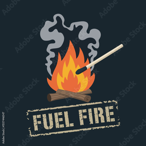 A stylized illustration of a campfire being lit by a match with smoke rising and the words fuel fire in a distressed stamp below