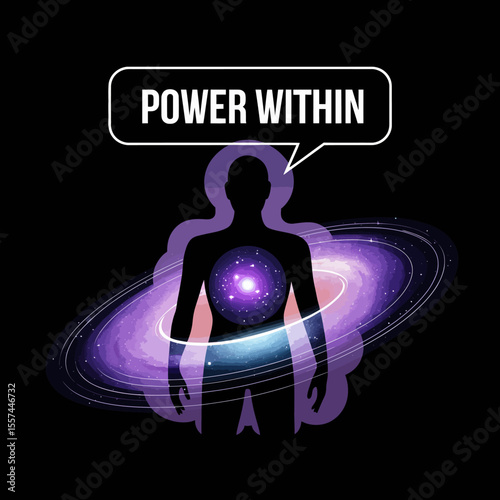 The concept of inner power and potential is visualized through a human silhouette filled with a vibrant galaxy and the text power within