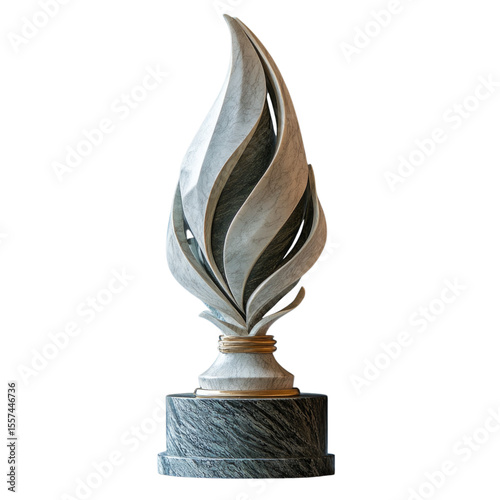 Elegant flame-shaped sculpture made from polished marble, cutout isolated on transparent bg, png