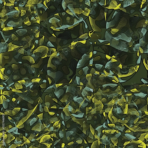 Abstract bright forms and shapes with texture on the dark background. Pear yellow, greyish teal and thatch green colors. Seamless hand drawn pattern.