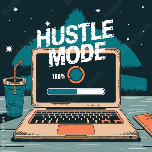 Hustle mode activated laptop screen with progress bar and drink on desk at night