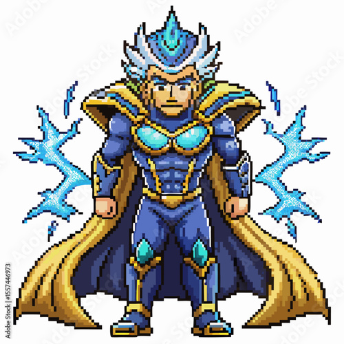 Heroic Pixel Art Character with Electric Energy Aura in Blue and Gold Costume