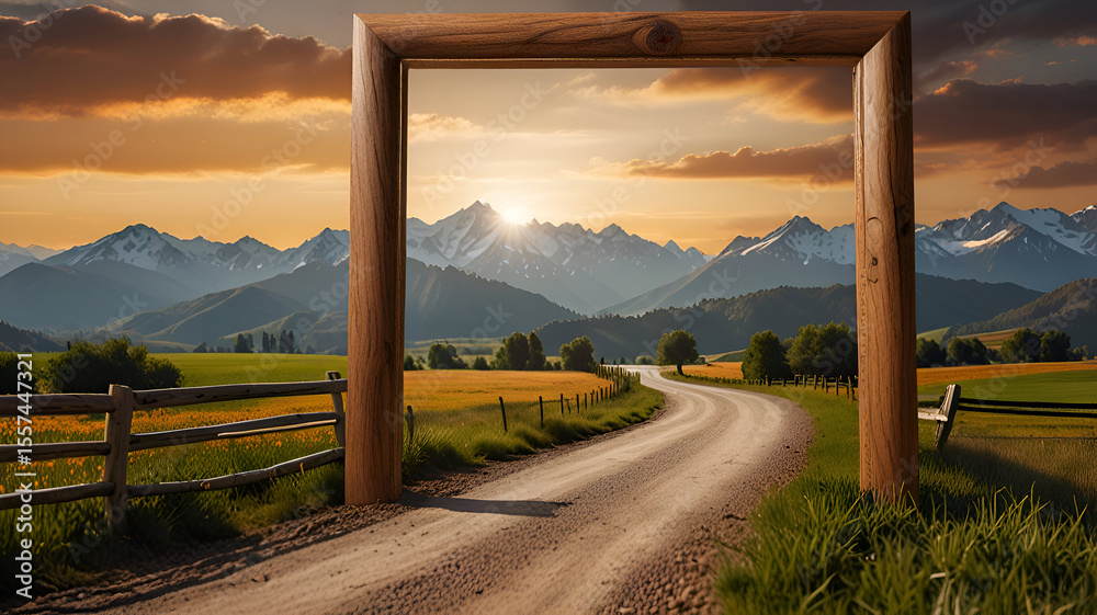 Fototapeta premium Summer sun setting over a rural highway with green grass and clouds in the mountain landscape