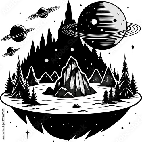 Surreal cosmic landscape with planets and pine trees in monochrome design