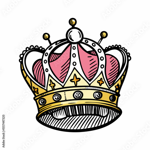 Colorful Illustrated Crown with Jewels and Gems on White Background