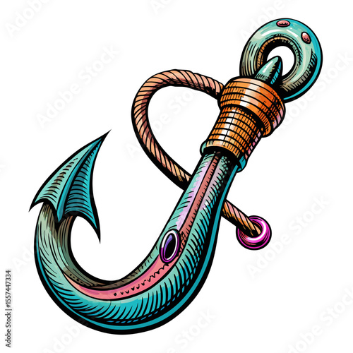 Colorful Nautical Hook Illustration with Intricate Details and Rope
