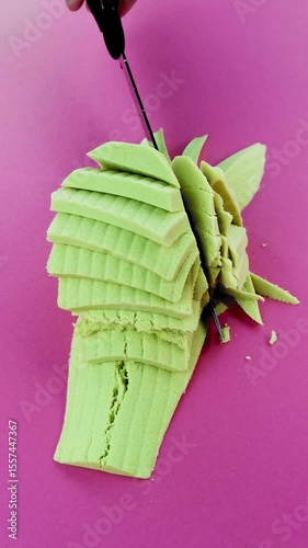 Very Satisfying and Relaxing Kinetic Sand ASMR video. Cutting anti stress macro close up colorful Kinetic Sand with a Knife. ASMR sounds.