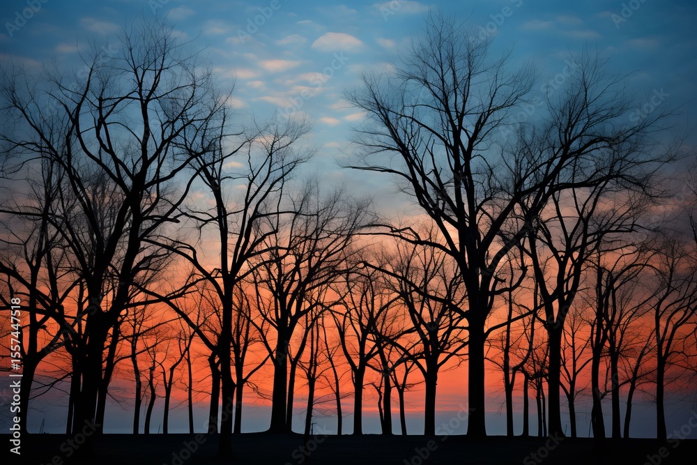 Obraz premium Stunning silhouette of bare trees against a beautiful orange and blue sunset sky