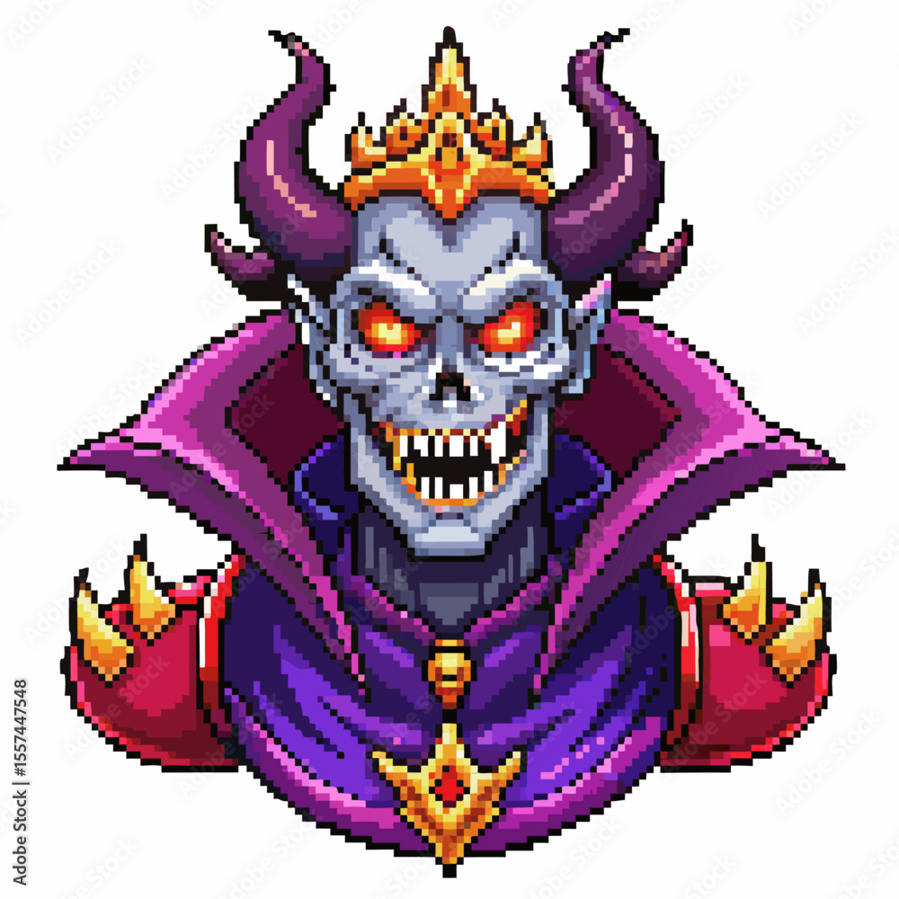 Fototapeta premium Pixel Art Evil Skeleton King with Crown and Purple Robe Illustration