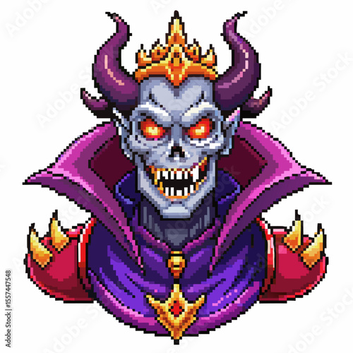 Pixel Art Evil Skeleton King with Crown and Purple Robe Illustration