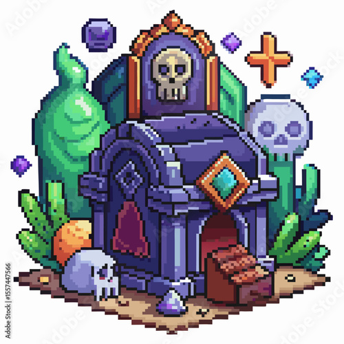Pixel Art Haunted Tomb with Skulls and Magical Elements