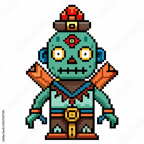 Pixel Art Zombie Character   Retro Video Game Monster with Blue Skin and Red Eye