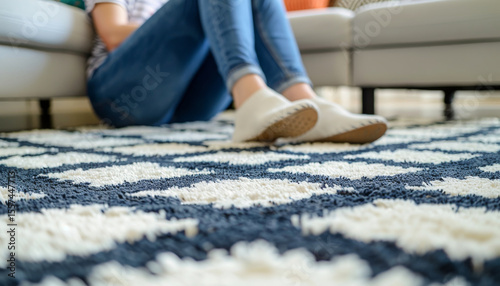 Cozy area rug with geometric pattern white and navy soft texture living room modern home comfortable relaxation casual contemporary floor decor