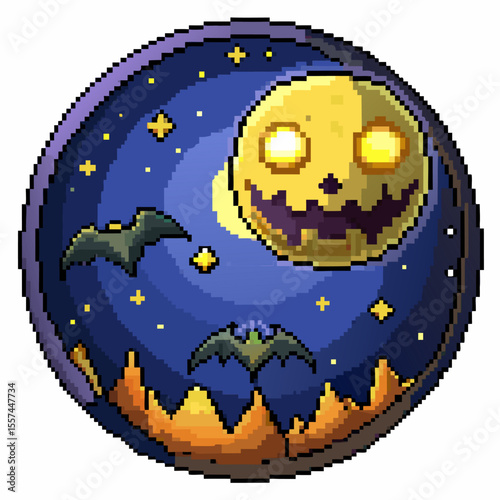 Pixel Art Spooky Night Scene with Glowing Moon and Bats