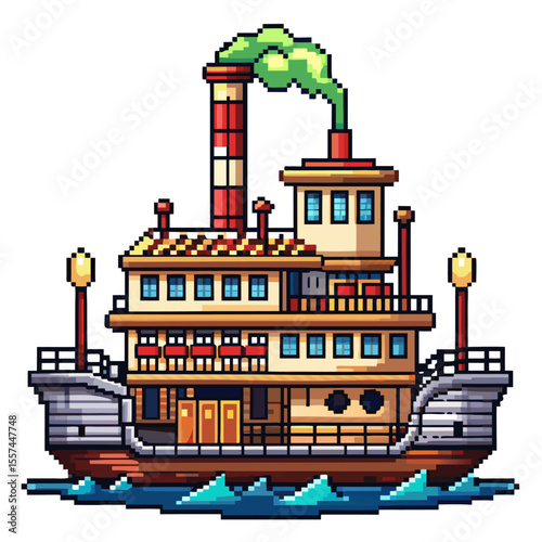 Colorful Pixel Art Steamboat on Water with Smoke and Lamp Posts