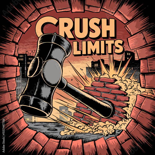 A large black mallet smashes through a brick wall shattering it and creating a dramatic explosion of dust and debris against a city skyline symbolizing overcoming obstacles and pushing boundaries