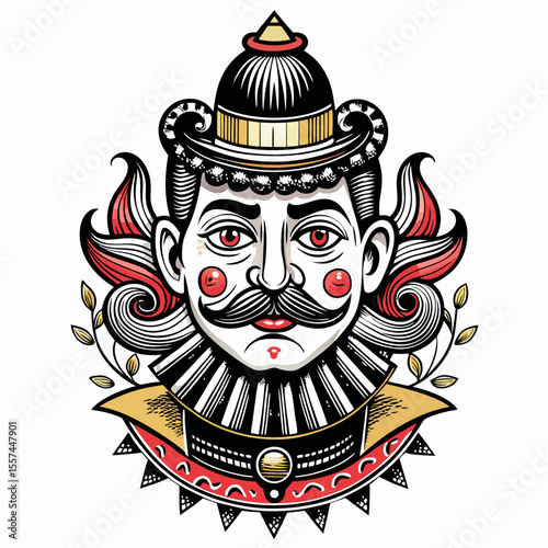 Vintage Royal Clown Illustration with Red Accents and Detailed Features