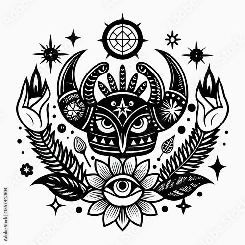 Intricate Black and White Tribal Design with Abstract Symbols and Nature Elements