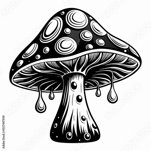 Intricate Black and White Illustration of a Mushroom with Detailed Patterns