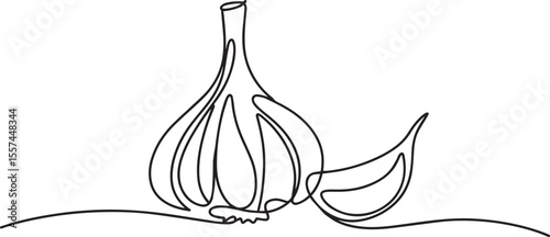 continuous single line drawing of a garlic bulb with a separated clove in black on white modern illustration