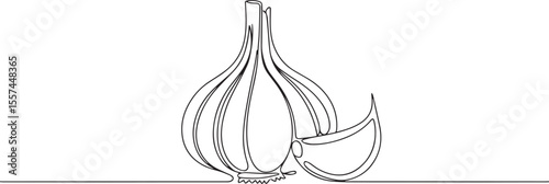 continuous single line drawing of a garlic bulb with a separated clove in black on white modern illustration
