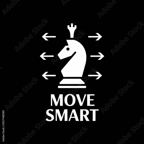 A white chess knight with arrows pointing in multiple directions symbolizing strategic thinking and smart moves with the text move smart below