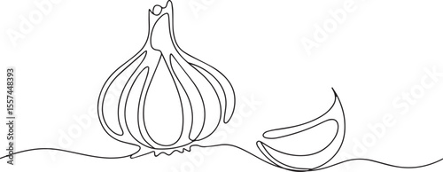 continuous single line drawing of a garlic bulb with a separated clove in black on white modern illustration