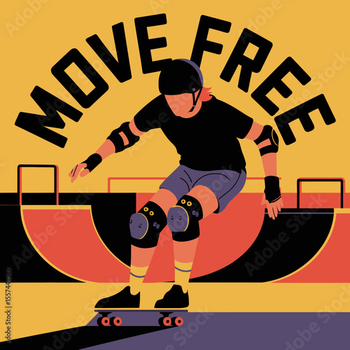 A person in protective gear skates down a ramp in a skatepark with the words move free displayed in large text above them