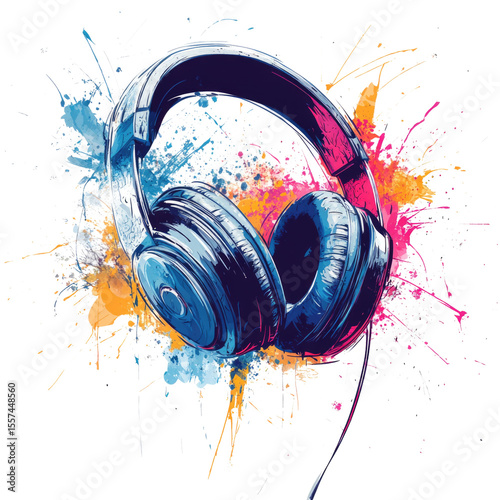 Colorful artistic illustration of headphones with vibrant paint splashes cutout isolated on transparent bg, png