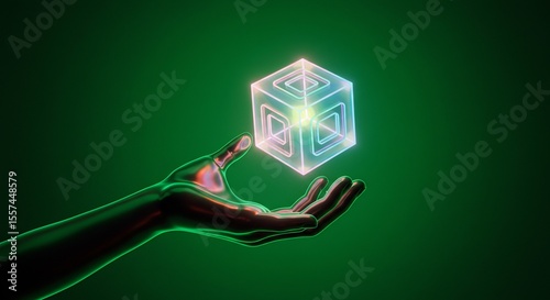 Metallic Hand Holding Glowing Green Digital Cube