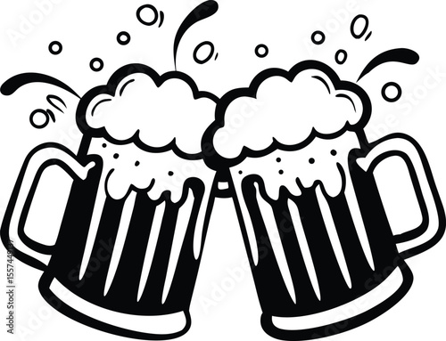 Cheers Beer Mug Clipart – Clinking Glasses Celebration Icon in Black and White

