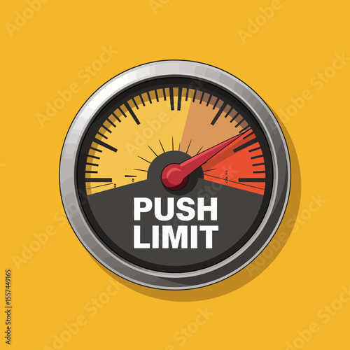 A gauge with a red needle pointing towards the red zone indicating a push limit or maximum capacity against a vibrant yellow background