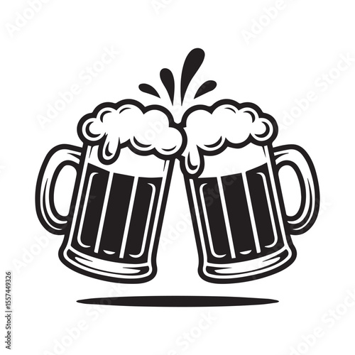 Cheers Beer Mug Clipart – Clinking Glasses Celebration Icon in Black and White

