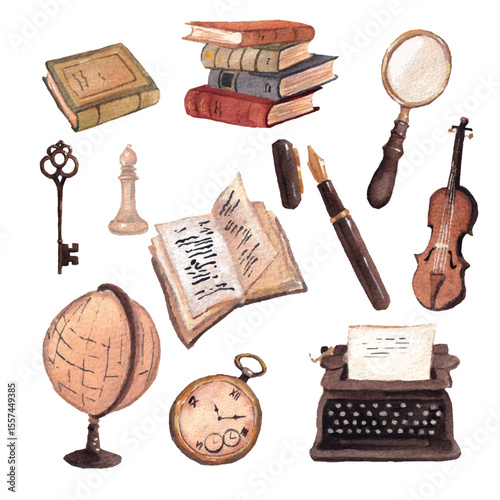 Watercolor Vintage School Supplies and Learning Tools – Books, Globe, Clock, Violin, Typewriter, Pen – Academia Illustration. Isolated hand drawn elements. Soft brown painting.  Realistic cozy vibe. 