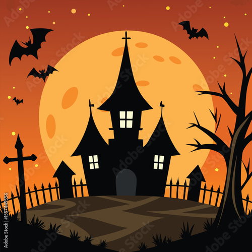 Haunted House Halloween Scene with Bats and Full Moon


