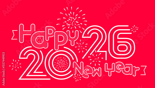 Happy New Year 2026 with typography design and fireworks background.
