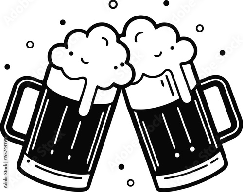 Cheers Beer Mug Clipart – Clinking Glasses Celebration Icon in Black and White

