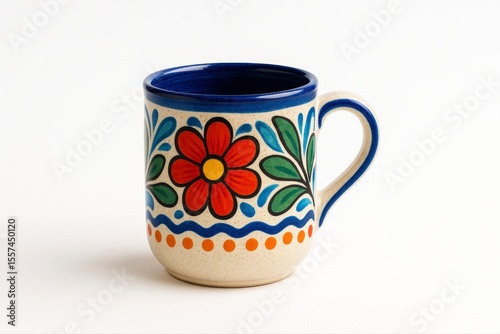 Isolated ceramic mug with floral design and blue rim on white background